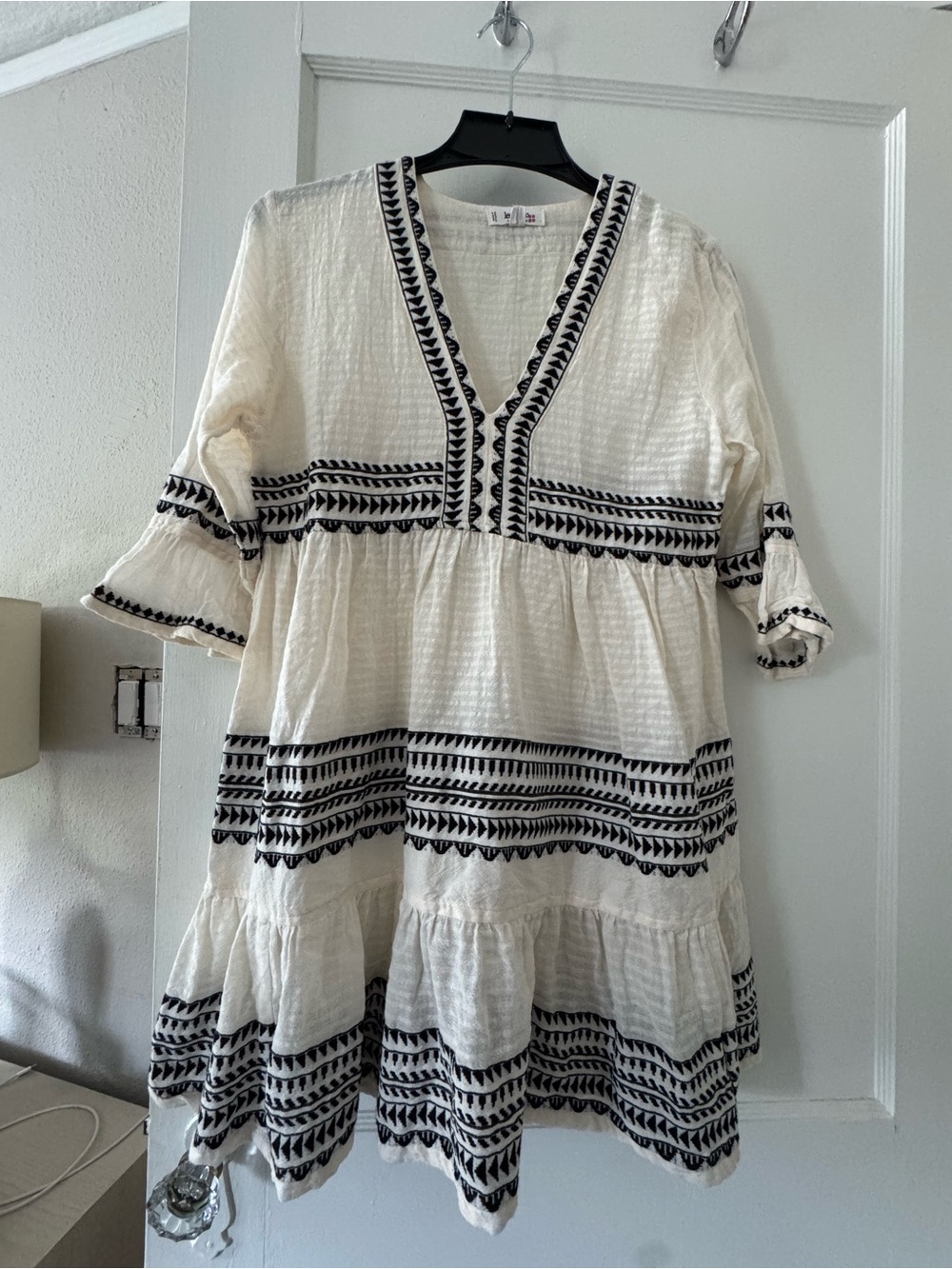 100% cotton Lemlem Cream Mini Dress with Black Embroidery